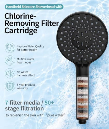 SR SUN RISE Filtered Shower Head with Handheld High Pressure 9 Spray Mode Showerhead Detachable Shower Head Water Softener Filters Beads for Hard Water Remove Chlorine 4 Filters Matte Black