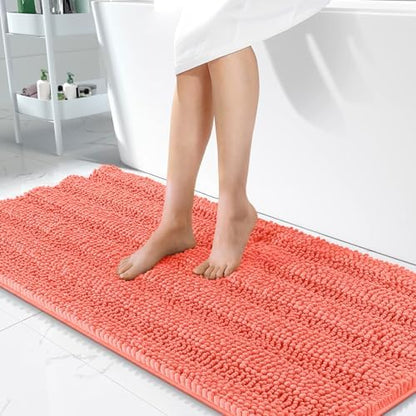 OLANLY Thick Bathroom Runner Rugs 47x24, Soft Chenille Bath Rugs, Coral