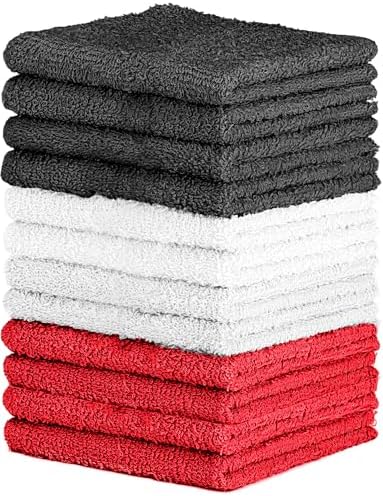 QUBA LINEN 100% Cotton Washcloth Set – Soft, Absorbent Face Towels for Bathroom & Gym Use – Durable & Reusable Wash Cloths - Dark Grey, White & Burgundy, 12x12 Inches, Pack of 12