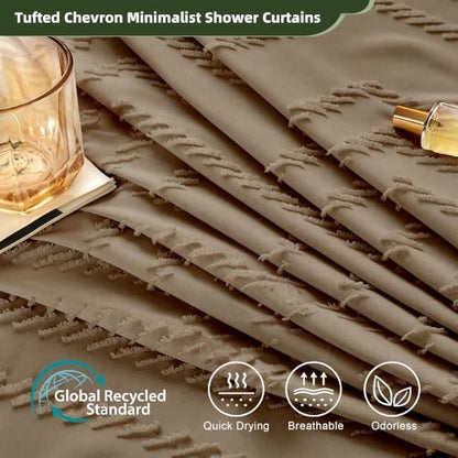 Siiluminisoy Boho Farmhouse Shower Curtain Woven Fabric Khaki Shower Curtain, 72 x 72 Tufted Chevron Textured Striped Modern Farmhouse Minimalist Shower Curtain for Bathroom