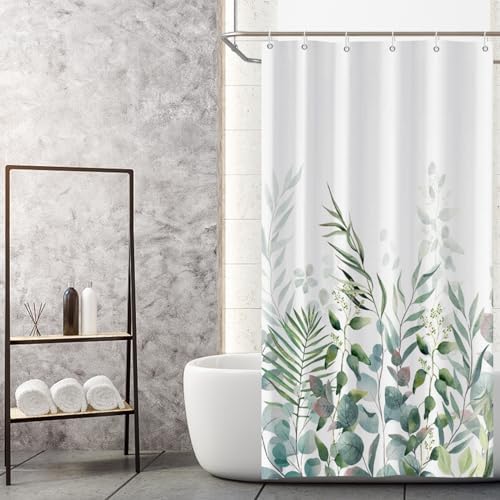 AWERT Shower Curtain Plants for Bathroom,Waterproof Quick-Drying Green Leaves Shower Curtain Set with Hooks 48x72 Inch