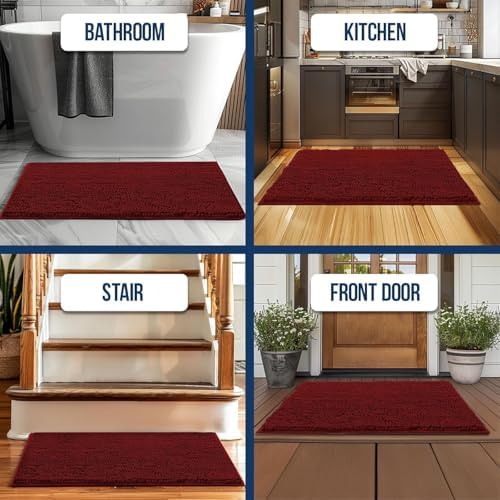 Muddy Mat® | Chenille Bathroom Rugs Quick Dry Microfiber Mats Non Slip Washable, Extra Thick, Soft and Highly Absorbent Bath Mats for Bathroom, Kitchen, and Shower Floor - Red 36"x60"