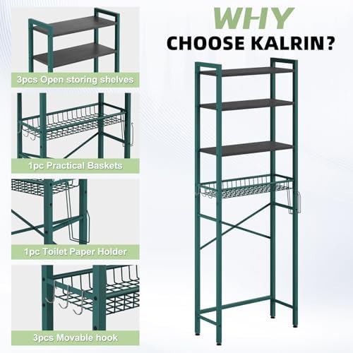 Kalrin Over-The-Toilet Storage Rack, 4-Tier Bathroom Organizer Shelf Over Toilet with Adjustable Shelf and Basket, Freestanding Space Saver Bathroom Shelves Above Toilet for Room (Green- Black)