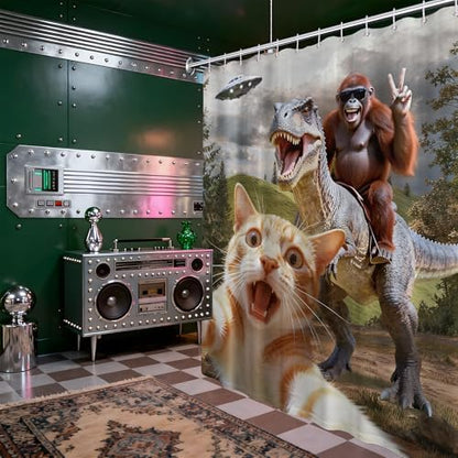 Extra Tall Shower Curtain XL Fun Cat Riding Dinosaur, 70 x 96 Inchs