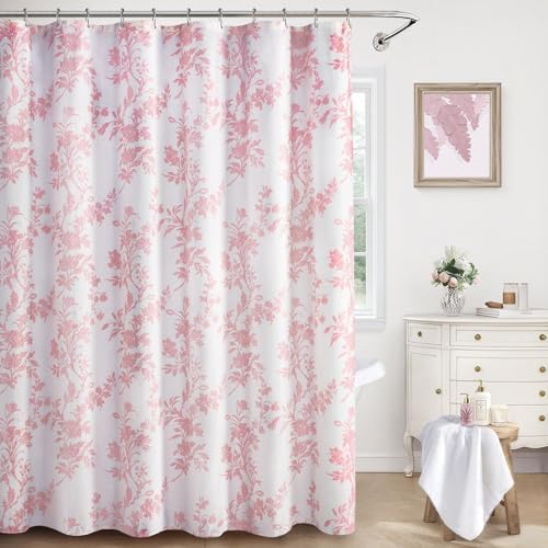 Pink Floral Shower Curtain,Vintage Cotton Cottagecore Shower Curtains for Bathroom, 72" W x 72" L