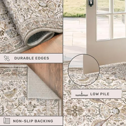Moss Washable 7x9 Living Room Area Rug, Boho Floral Dining Room Under Kitchen Table, Low Pile Soft Farmhouse Bedroom Carpet, Moss Home Décor, Non Slip & Stain Resistant