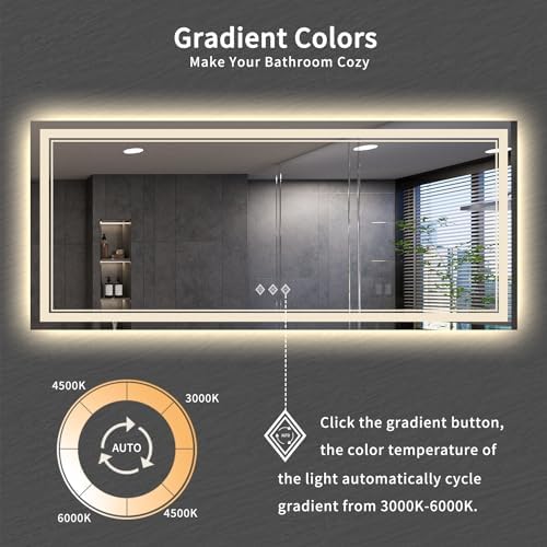 Bathroom Mirrors for Wall, 88x38 Inch Gradient Front and Backlight Big Lighted Mirror, 3 Colors Dimmable CRI>90 Double Lights, IP54 Enhanced Anti-Fog, LED Mirror for Bathroom