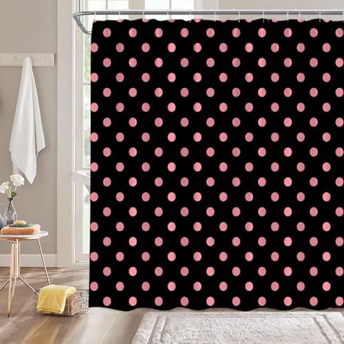 Polka Dot Shower Curtain Pink Spot Black Retro Vintage Fabric Decorative Bathroom Curtains with Hooks,70" Wx84 H
