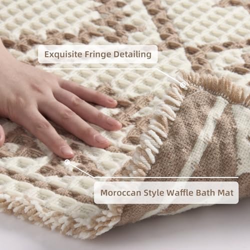 PADOOR-Waffle Bathroom Runner 24"x72", Super Absorbent Bath Mats for Bathroom, Machine Washable Non Slip Bath Rug with Tassels, Soft Bath Mat for Laundry Room, Bedroom, Cream & Brown, 2'x 6'