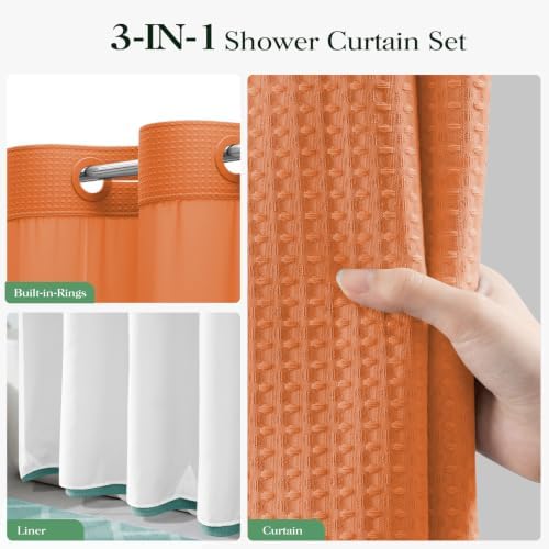 Dynamene Burnt Orange Hook Free Waffle Shower Curtain & Snap-in Liner,72x75