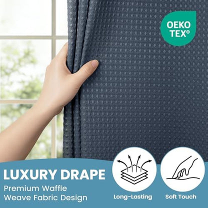 No Hook Waffle Shower Curtain with Snap in Liner Set, 71x74, Navy Blue