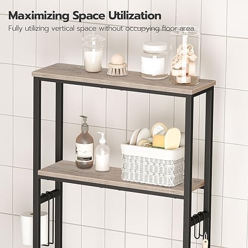 HOOBRO Over-The-Toilet Storage,2-Tier Bathroom Organizer Over Toilet,Freestanding Bathroom Storage Shelves, with Toilet Paper Holder and Hooks,Space Saver, Greige and Black BG49TS01