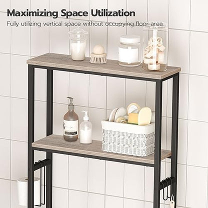 HOOBRO Over-The-Toilet Storage,2-Tier Bathroom Organizer Over Toilet,Freestanding Bathroom Storage Shelves, with Toilet Paper Holder and Hooks,Space Saver, Greige and Black BG49TS01