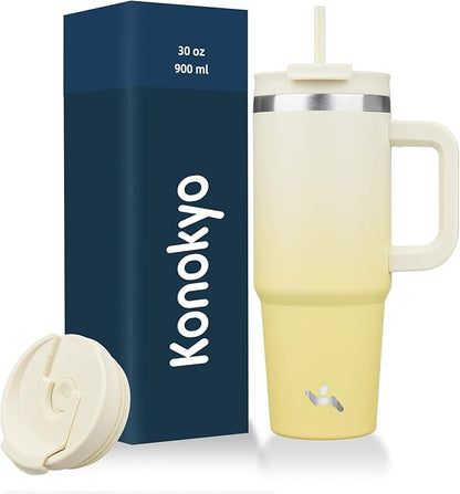 Konokyo 30 oz Tumbler with Handle and 2 Straws,2 in 1 Lid Insulated Water Bottle Stainless Steel Travel Coffee Mug,Lemon