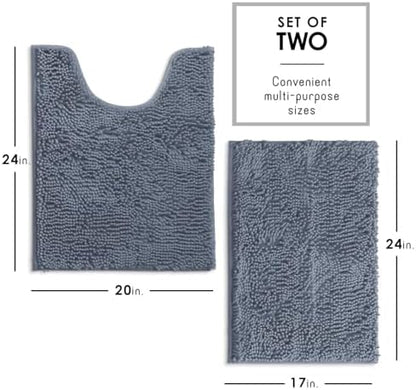 Hearth & Harbor Bathroom Rugs, Chenille Bath Mat - Machine Washable Bath Mats for Bathroom Non-Slip Backing Rubber, Quick Dry Bathroom Mat, 17 x 24 + 20 x 24 - Stone Blue