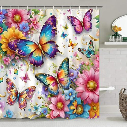 Chrainy 4pcs Colorful Butterfly Shower Cutain Set Bathroom Decor with Rugs