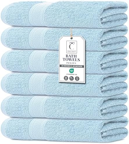 Medium Size Bath Towels Set of 6 – 100% Cotton Terry – 24" x 48" – Quick Dry, Soft & Highly Absorbent – Sky Blue Towels for Bathroom, Gym, Spa, Pool & Daily Use