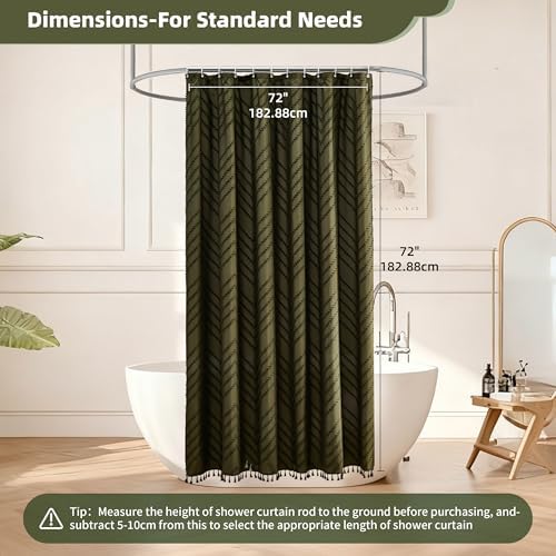 Siiluminisoy Boho Shower Curtain with Tassel Woven Fabric Olive Green Shower Curtain 72 x 72 Modern Farmhouse Textured Tufted Chevron Striped Minimalist Bathroom Shower Curtains
