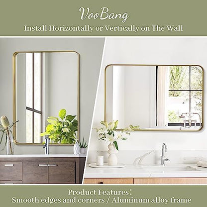 VooBang Bathroom Mirror 24x36 inch, Gold Gorgeous Deep Frame Wall Mirror, Modern Round Corner Bathroom Vanity Mirror for Bedroom, Living Room, Hanging or Leaning Horizontal or Vertical, Gold