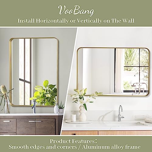 VooBang Bathroom Mirror 30x40 inch, Gold Gorgeous Deep Frame Wall Mirror, Modern Round Corner Bathroom Vanity Mirror for Bedroom, Living Room, Hanging or Leaning Horizontal or Vertical, Gold