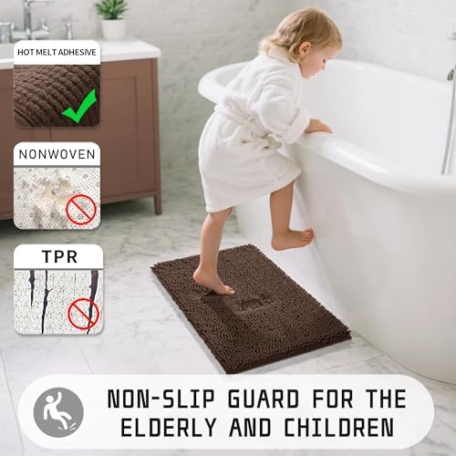 Yimobra Washable Bathroom Rugs, Super Soft & Absorbent Chenille Bath Mat for Floor & Carpet, Quick Dry Non Slip Bath Mat for Tub Shower, 24" x 17",Brown