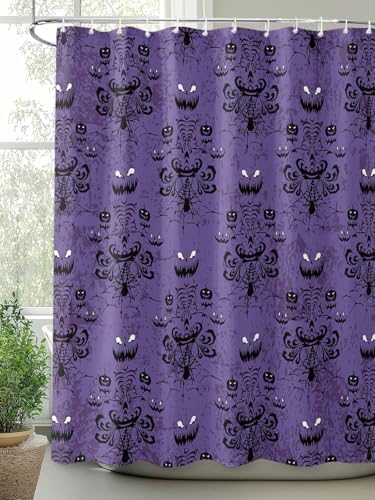 Shower Curtain Bathroom Set Spooky Halloween Haunted Ghost Cobweb Waterproof Shower Curtains with Grommets Hooks Black Purple Privacy Bath Curtain for Bathtub Decor 48x72in