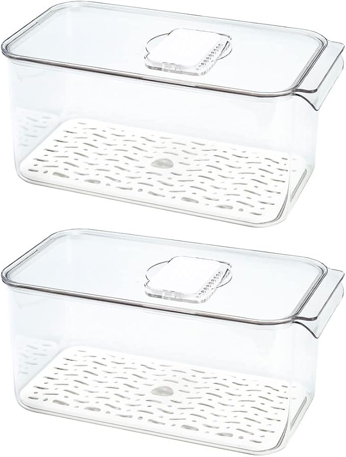 SANNO Produce Saver Refrigerator Organizer Bins with Lids And Removable Drain Tray Food Storage Container Fridge Stackable Freezer Bins For Kitchen Produce Fruit Vegetable (Set of 2)