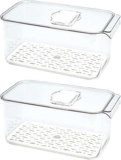 SANNO Produce Saver Refrigerator Organizer Bins with Lids And Removable Drain Tray Food Storage Container Fridge Stackable Freezer Bins For Kitchen Produce Fruit Vegetable (Set of 2)