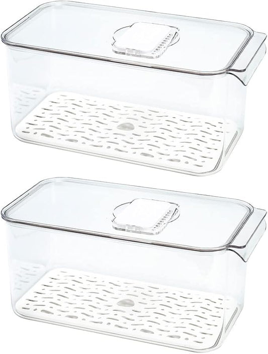 SANNO Produce Saver Refrigerator Organizer Bins with Lids And Removable Drain Tray Food Storage Container Fridge Stackable Freezer Bins For Kitchen Produce Fruit Vegetable (Set of 2)