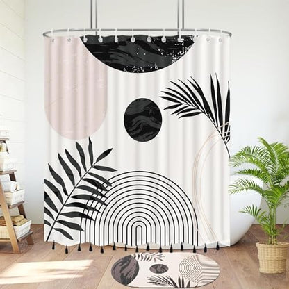 Boho Mid Century Leaf Shower Curtain Set,Arch Sun Design,Minimalistic Leaves Pattern,Waterproof and Luxurious Fabric-12 Hooks(Black and White-72" x 84")