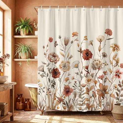 Vintage Boho Beige Floral Shower Curtain, Brown Cream Tan Rustic Farmhouse Flower Shower Curtain Set, Cute Botanical Wlidflowers Fabric Shower Curtains Decoration, 60X72 Aesthetic Bathroom Accessories