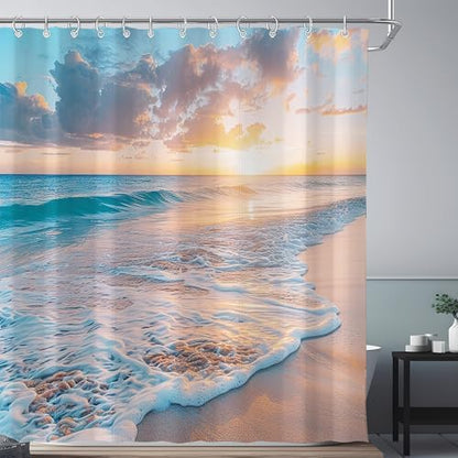 Ocean Beach Coastal Nautical Summer Sunset Shower Curtain for Bathroom 72W*72H Inch Seaside Seacoast Beachy Waves Bathtub Decor Seascape Neutral Cool Waterproof Polyester Fabric Set with 12 Hooks