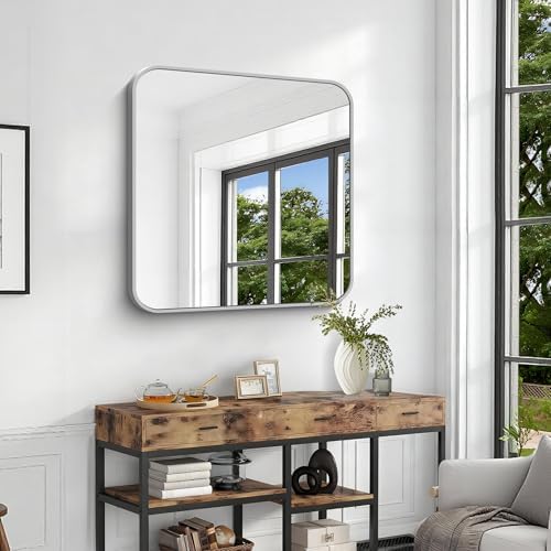 Silver Bathroom Mirror, 36 x 36 Inch Square Mirrors for Wall, Aluminum Metal Framed Vanity Mirror, Rounded Corner Wall Mounted Mirror for Over Sinks Living Room Bedroom Entryway