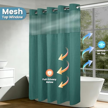 Heavyweight Waffle No Hook Shower Curtain with Liner, Seaweed Green, 71x74