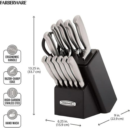 Farberware Self-Sharpening 13-Piece Knife Block Set with EdgeKeeper Technology, High Carbon-Stainless Steel Kitchen Knives, Razor-Sharp Knife Set with Wood Block, Black