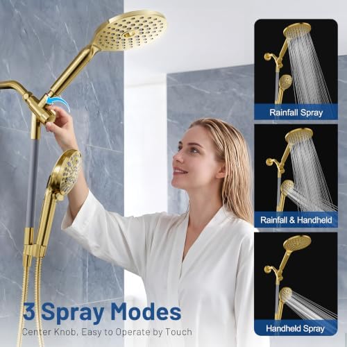 MakeFit Dual Filtered Rain Shower Head Combo, High Pressure Handheld Shower Head with Adjustable Bar - Rainfall Shower Head And Showerhead with Filter for Hard Water - Removes Chlorine(Gold)