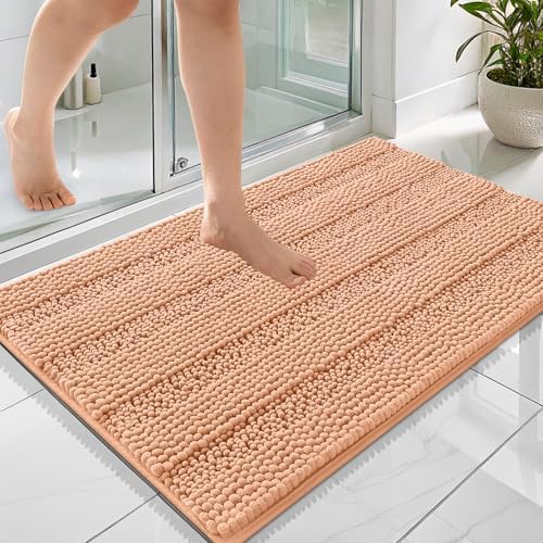 OLANLY Thick Bathroom Rugs 36x24, Soft Chenille Striped Bath Rugs, Peach