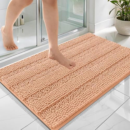 OLANLY Thick Bathroom Rugs 36x24, Soft Chenille Striped Bath Rugs, Peach