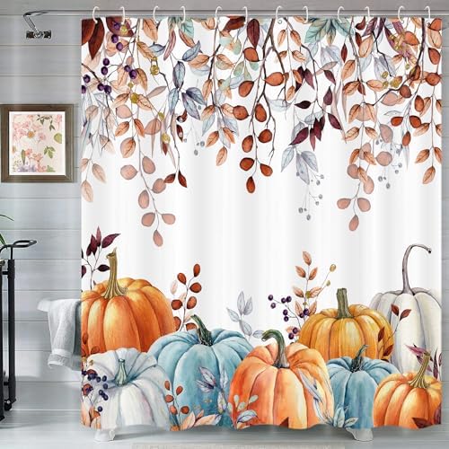 Fall Shower Curtains for Bathroom, Thanksgiving Pumpkins Autumn Eucalyptus Leaves Shower Curtain Set with Hooks, Blue Orange Waterproof Fabric Fall Bathroom Decor Accessories, 72 x 78 Inch