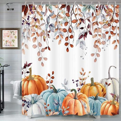 Fall Shower Curtains for Bathroom, Thanksgiving Pumpkins Autumn Eucalyptus Leaves Shower Curtain Set with Hooks, Blue Orange Waterproof Fabric Fall Bathroom Decor Accessories, 72 x 78 Inch