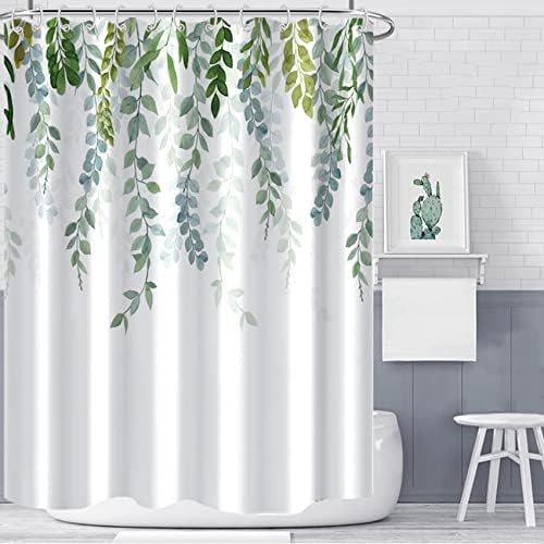 AWERT Plant Shower Curtain for Bathroom Sage Green Eucalyptus Waterproof Quick-Drying Green Leaves Shower Curtain Set with Hooks 60x72 Inch