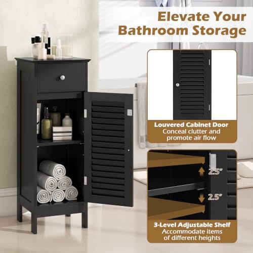 GIANTEX Bathroom Floor Storage Cabinet with Louvered Door and Drawer, Black