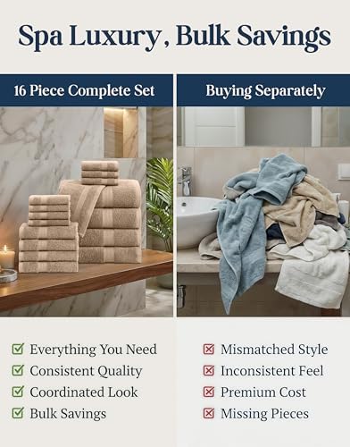 LANE LINEN Towel Set Quick Dry 100% Cotton 16 Piece Soft Absorbent - Taupe