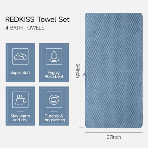 REDKISS 4 Pack Blue Microfiber Bath Towels - Large Shower Towels Set for Bathroom, Super Absorbent Towel Set of 4 Lagre, Quick Dry Bathroom Towel for Spa, Gym,Travel, Lint Free, Ultra Soft