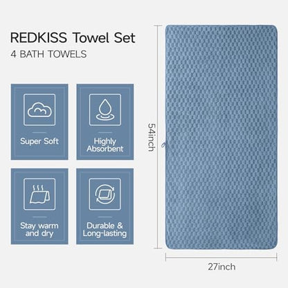 REDKISS 4 Pack Blue Microfiber Bath Towels - Large Shower Towels Set for Bathroom, Super Absorbent Towel Set of 4 Lagre, Quick Dry Bathroom Towel for Spa, Gym,Travel, Lint Free, Ultra Soft