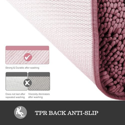 Yeaban Chenille Dusty Rose Bathroom Rug 26"x44", Non-Slip Rubber Backing