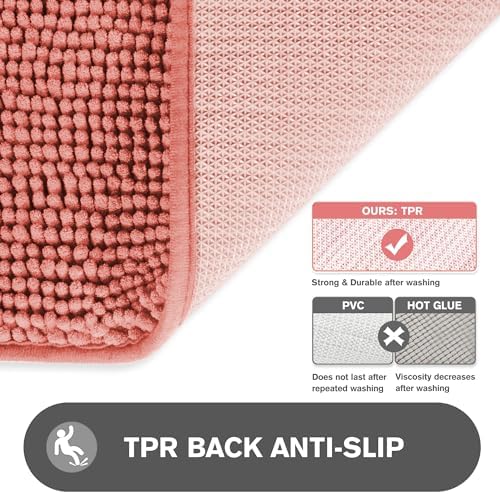 Coral Bathroom Rugs Sets 2 Piece – Absorbent and Washable Bath Mat, Non-Slip, Thick Soft Chenille Bath Rugs for Bathroom, Shower, Sink - 17" x 24"+20" x 32"