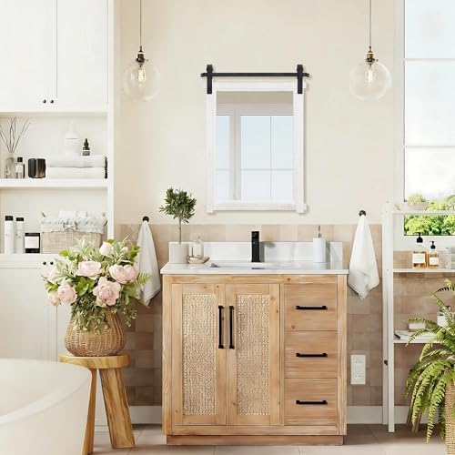 Besdomus Rustic Bathroom Vanity Mirror: 22"x30" White Farmhouse Barn Door