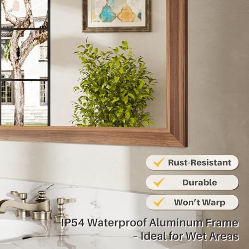 36x32 Inch Bathroom Mirror for Wall, Anti-Rust Walnut Wood Grain Metal Framed Bathroom Mirrors for Over Sink,Rectangler Mirrors for Bathroom Vanity, Farmhouse, Bedroom, Living Room, Entryway Decor