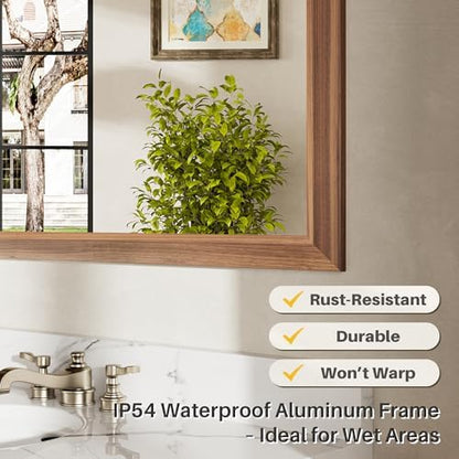 36x32 Inch Bathroom Mirror for Wall, Anti-Rust Walnut Wood Grain Metal Framed Bathroom Mirrors for Over Sink,Rectangler Mirrors for Bathroom Vanity, Farmhouse, Bedroom, Living Room, Entryway Decor